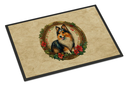 Sheltie Christmas Flowers Doormat